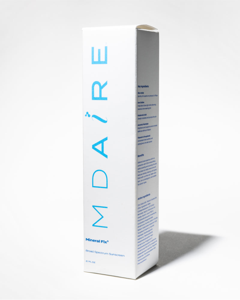 Mineral Fix³ Sunscreen packaging box standing upright with blue MDAiRE branding on white background gallery position 1